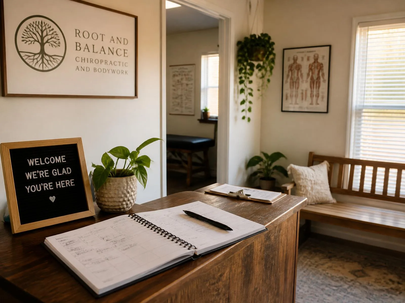 Front desk of a chiropractic and bodywork studio with an open appointment book and soft daylight