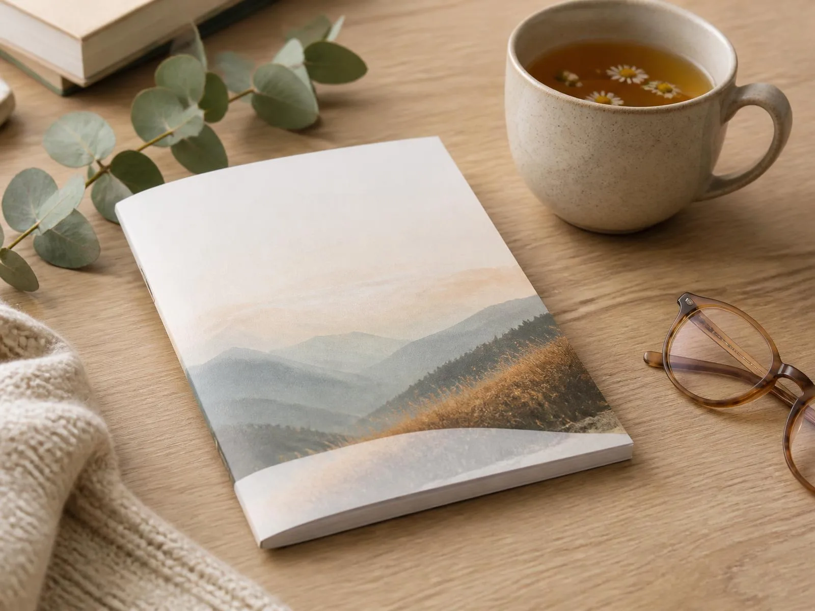 A printed guide resting on a wooden desk beside herbal tea, eucalyptus, and reading glasses