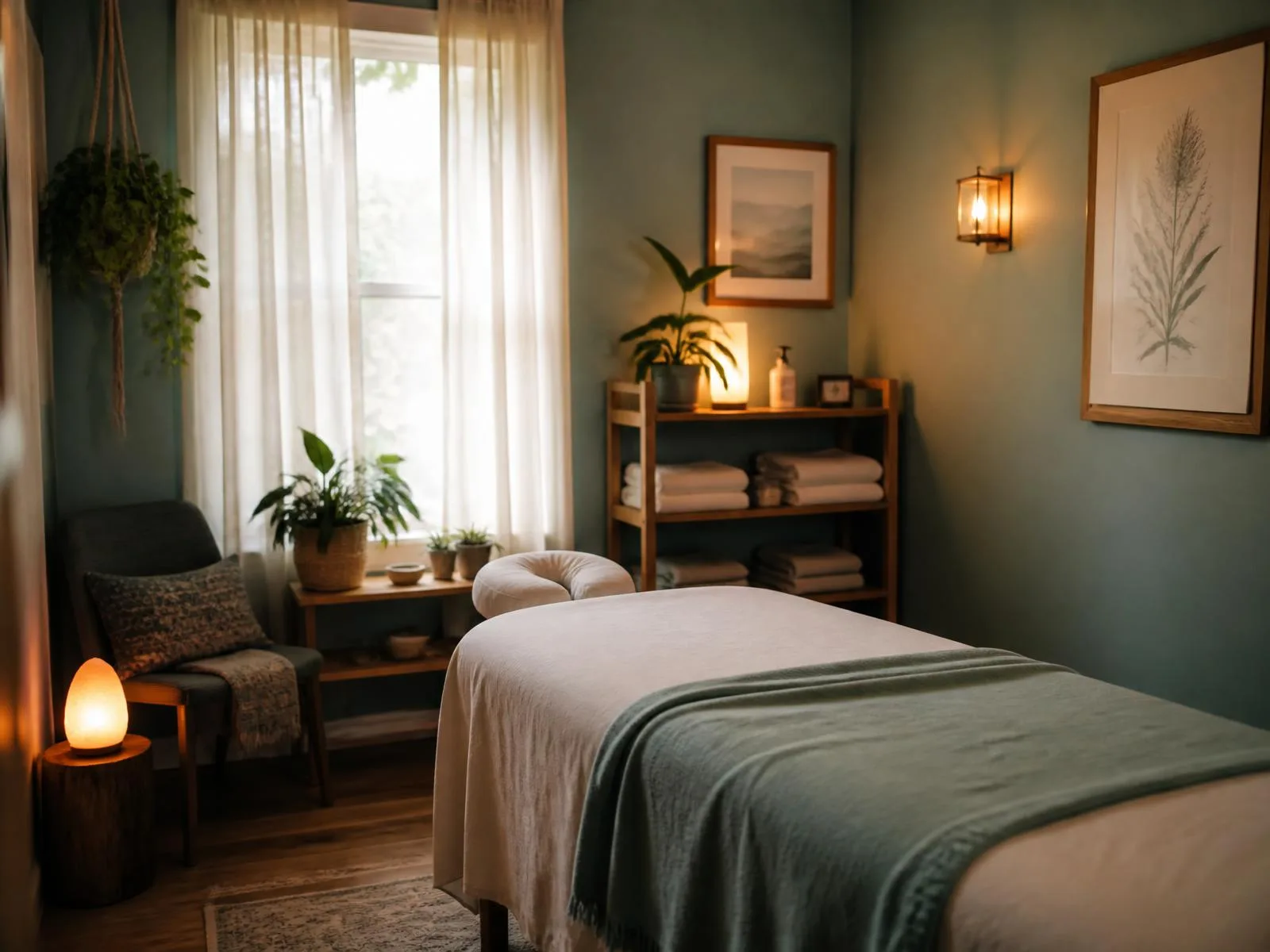 Calm massage therapy treatment room with warm light, folded linens, and a potted plant