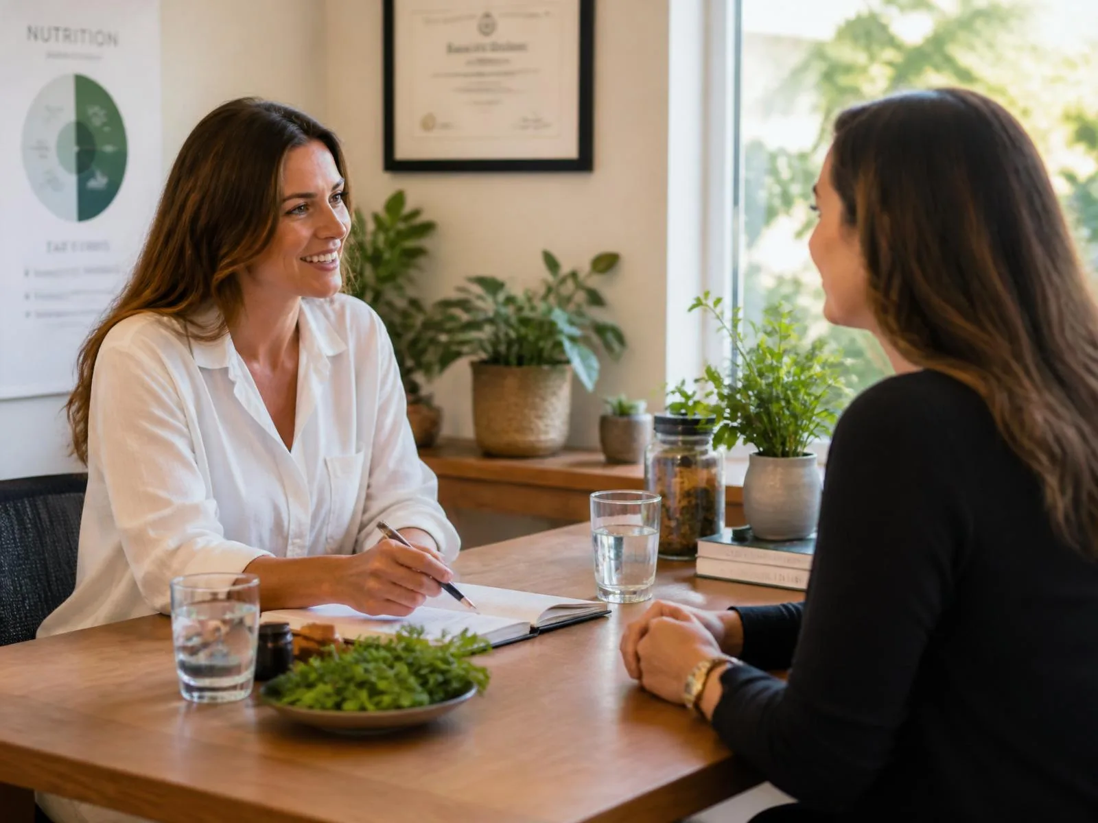 Nutrition consultant reviewing notes with a client across a wooden table in a sunlit office