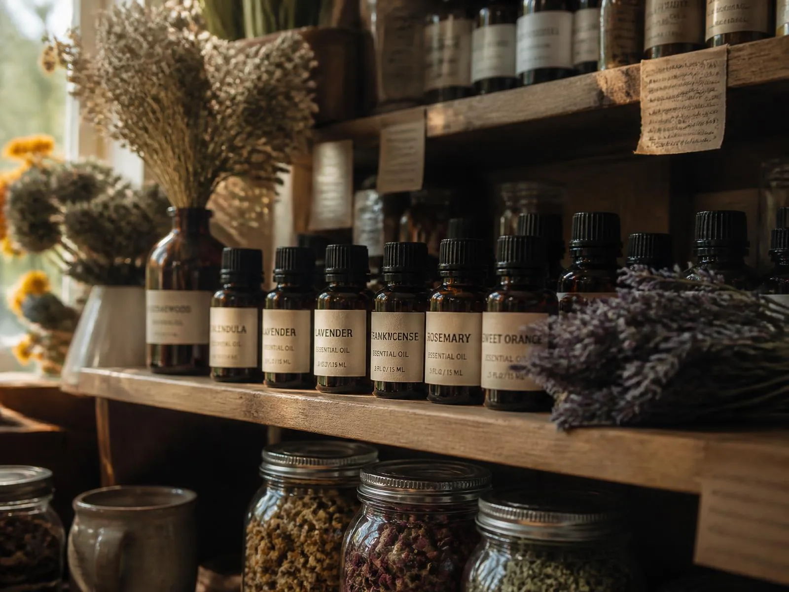 Shelf of amber essential oil bottles and dried herbs in a small apothecary lit by morning sun