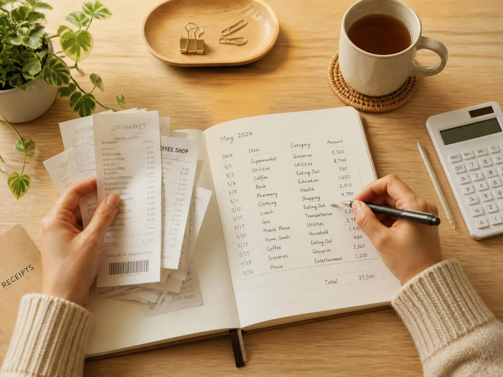 Paperwork, a calculator, and a warm cup of coffee arranged on a sunlit wooden desk