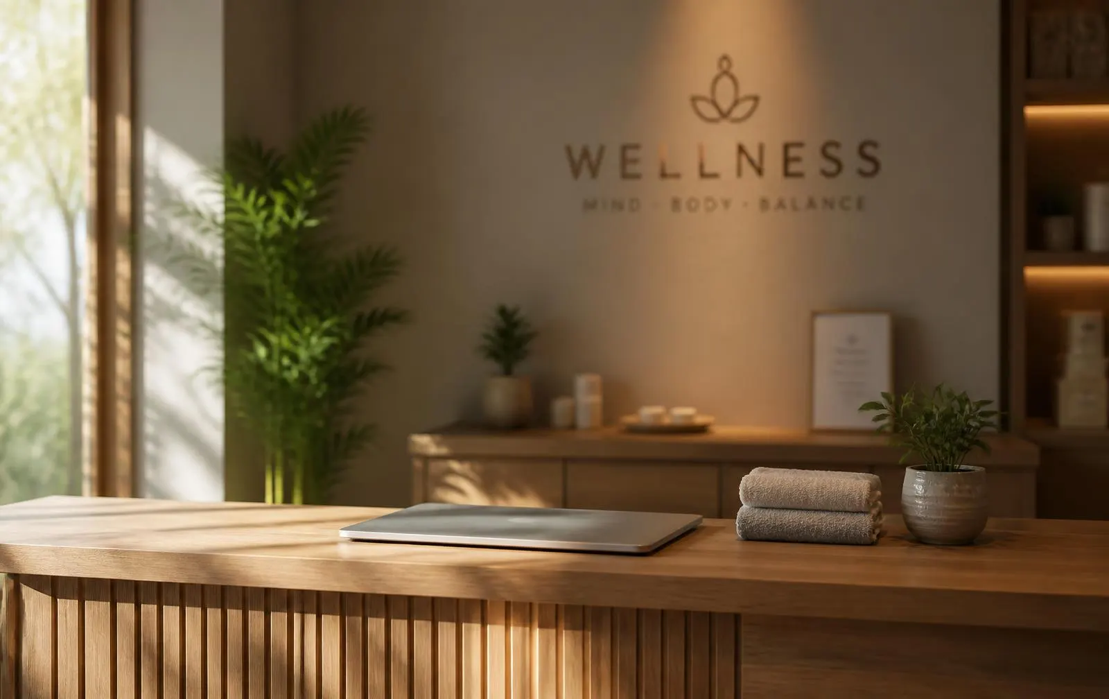 Sunlit wellness clinic reception desk with folded towels, plants, and warm wood tones