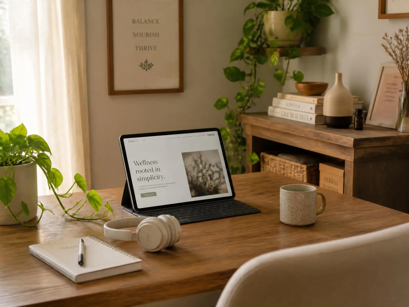 A tidy home office corner with a tablet, notebook, plant, and warm afternoon light