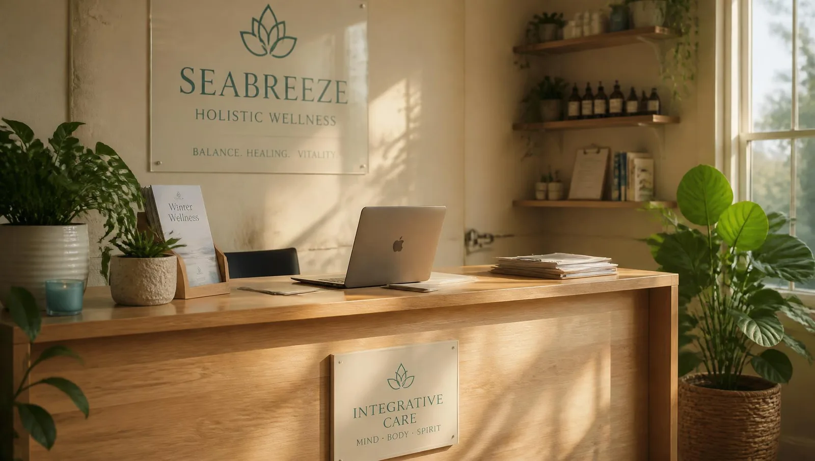 Warm, naturally lit wellness studio workspace with plants and wooden furniture